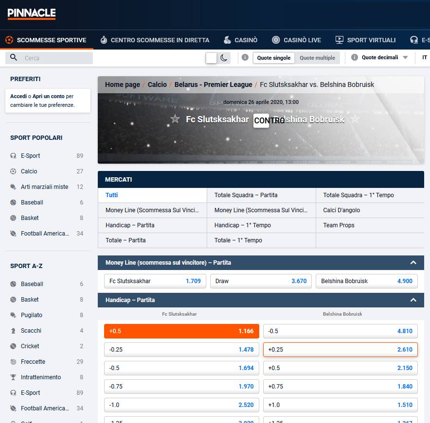 Esempio di scommessa ad handicap consentita